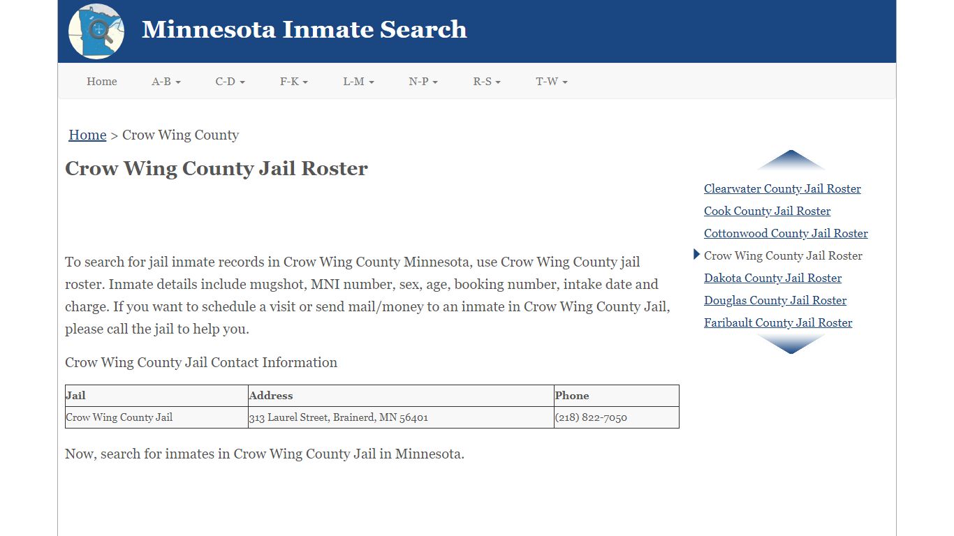 Crow Wing County Jail Roster - Minnesota Inmate Search